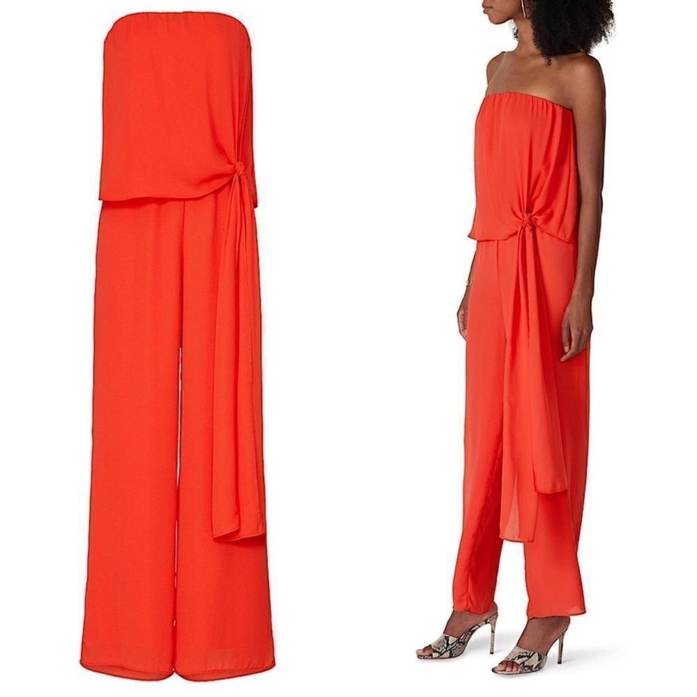 KRISA Retro 70s Wide Leg Strapless Tie Front Chiffon Jumpsuit- Vermilion Size XS